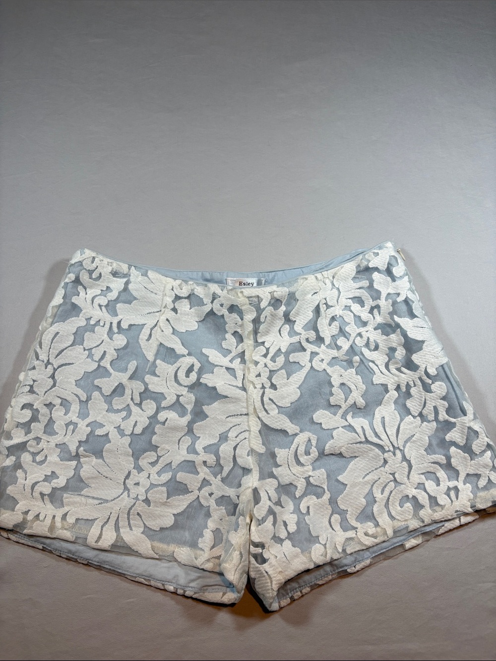 Esley Pale Blue High-Waist Shorts with White Floral Lace